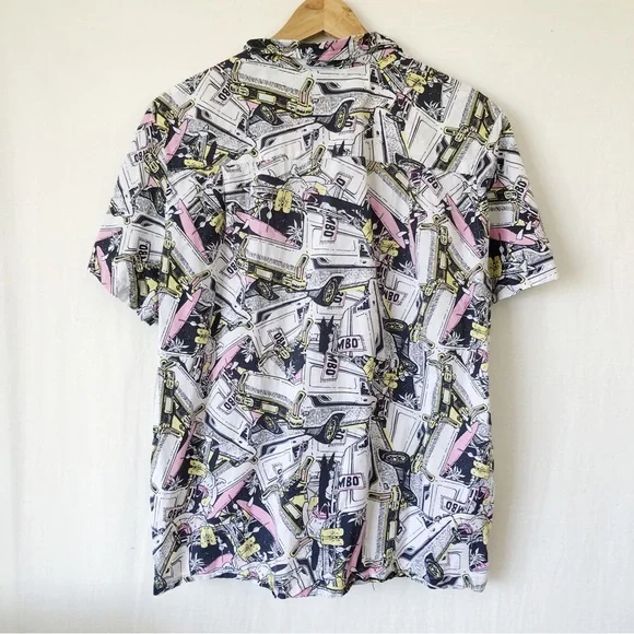 MAMBO Mens Size L Black White Cotton Button Down Short Sleeve Shirt Quirky Beach - Picture 8 of 10